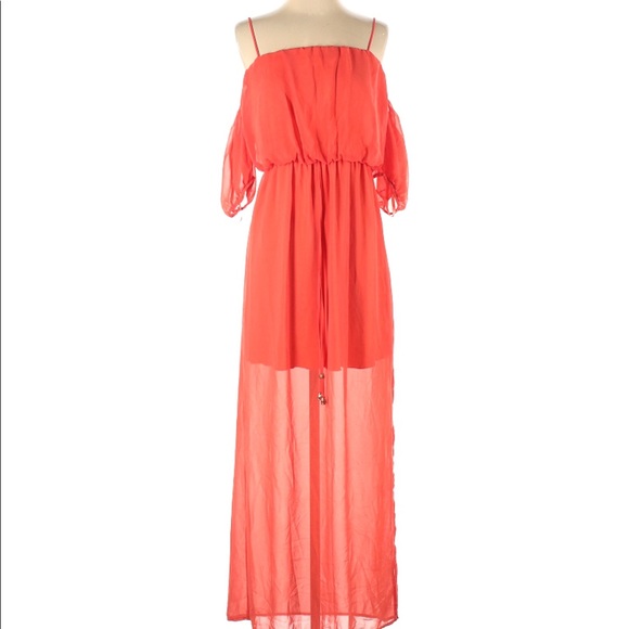 City Triangles Small Boho Orange Coral Off Shoulder Maxi Dress - Picture 3 of 7